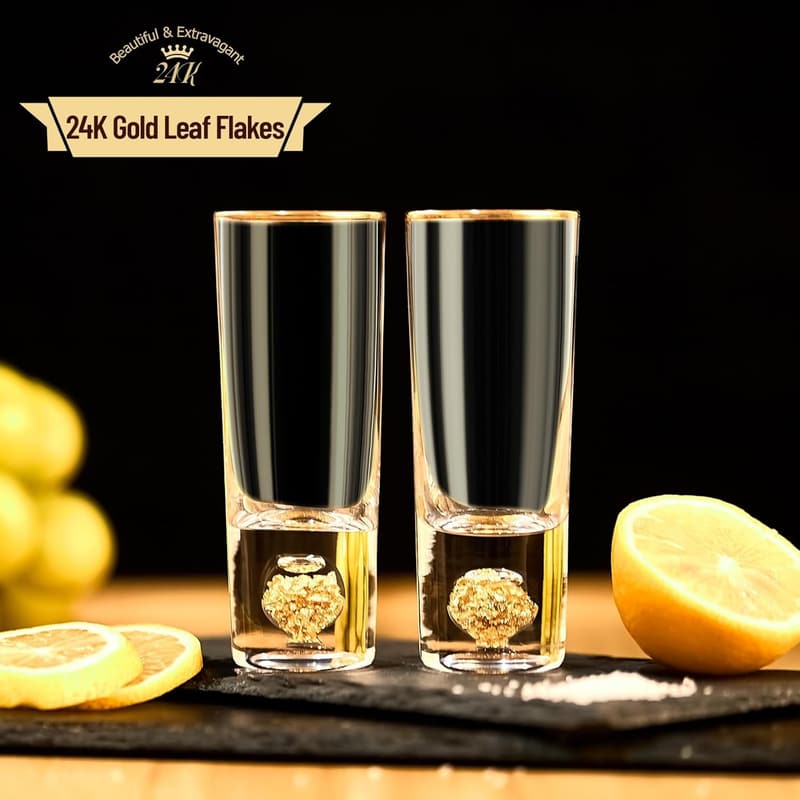 24K Gold Leaf Crystal Shot Glass Set - 2oz, BPA-Free, 2 pcs