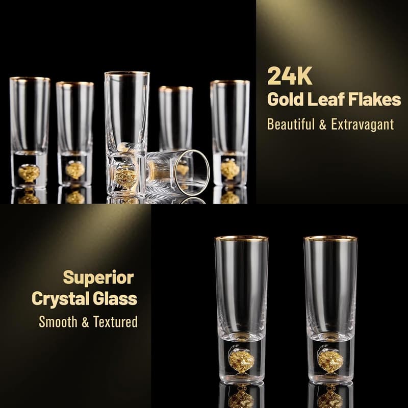 24K Gold Leaf Crystal Shot Glass Set - 2oz, BPA-Free, 2 pcs