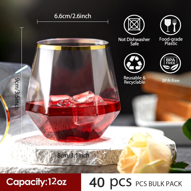 40 Pack Unbreakable Gold Rim Disposable Wine Glasses