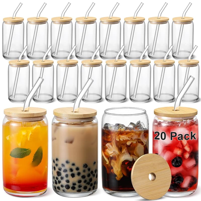20pcs Beer-Shaped Glass Cups with Bamboo Lids and Straws