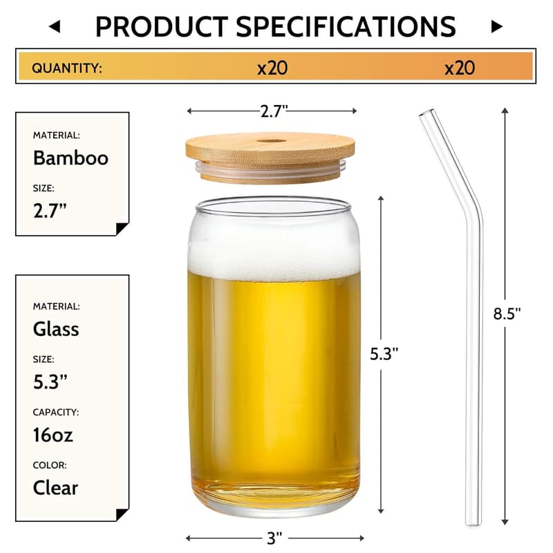 20pcs Beer-Shaped Glass Cups with Bamboo Lids and Straws