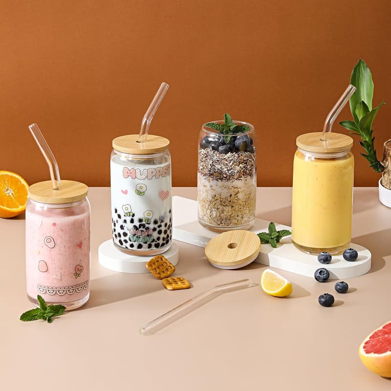 20pcs Beer-Shaped Glass Cups with Bamboo Lids and Straws