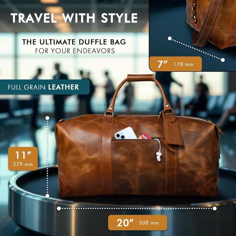Antique 24-Inch Full Grain Leather Duffle Bag for Travel