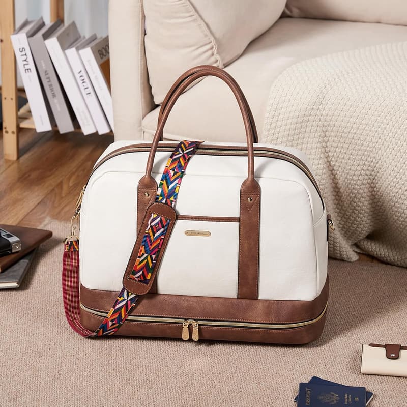 Women's Leather Travel Duffel Bag with Shoe Compartment