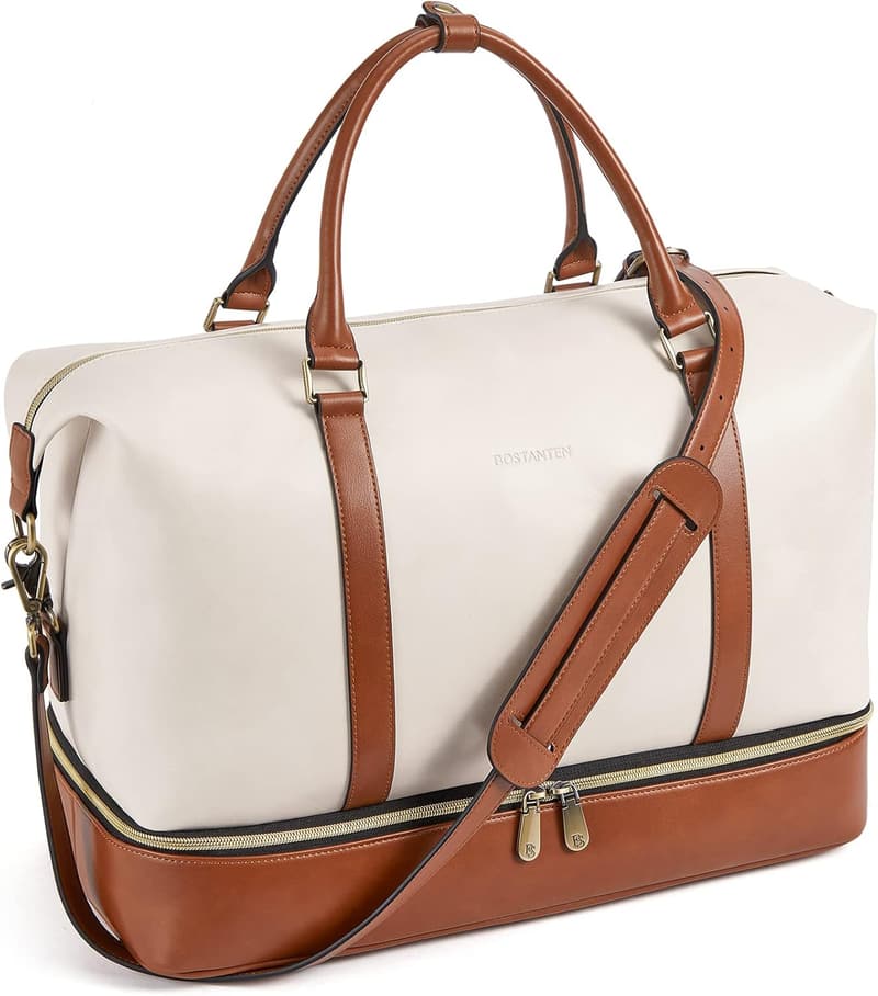 Beige & Brown Leather Travel Duffle Bag for Women