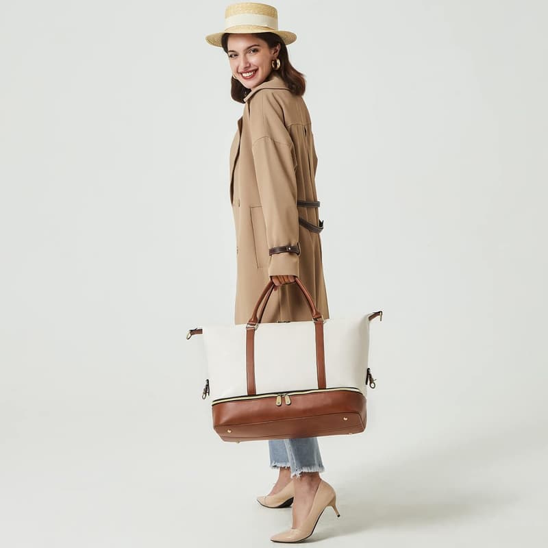 Beige & Brown Leather Travel Duffle Bag for Women