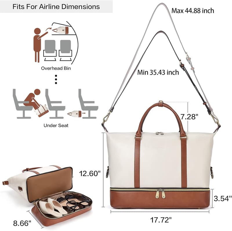 Beige & Brown Leather Travel Duffle Bag for Women