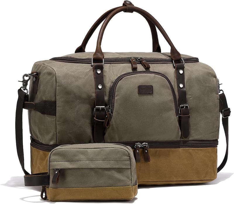 Green Weekender Duffel Bag with Shoe Compartment and Leather Accents