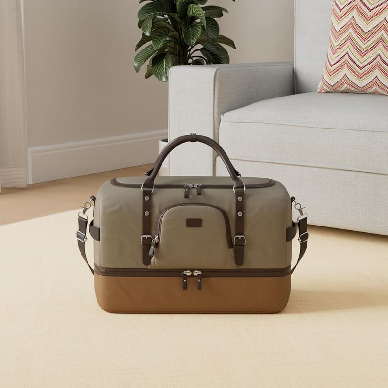 Green Weekender Duffel Bag with Shoe Compartment and Leather Accents