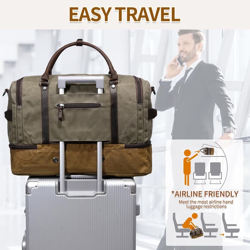 Green Weekender Duffel Bag with Shoe Compartment and Leather Accents