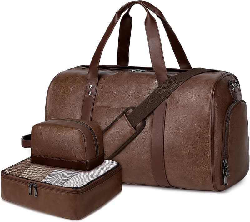 Large Faux Leather Weekender Bag with Shoe Compartment for Travel