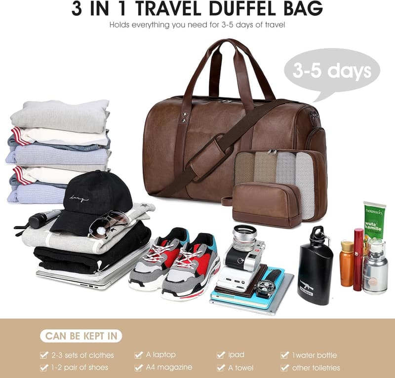 Large Faux Leather Weekender Bag with Shoe Compartment for Travel