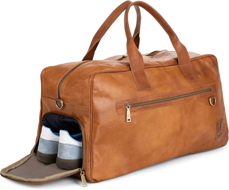 Vintage Genuine Leather Duffle Bag with Shoe Compartment - Brown