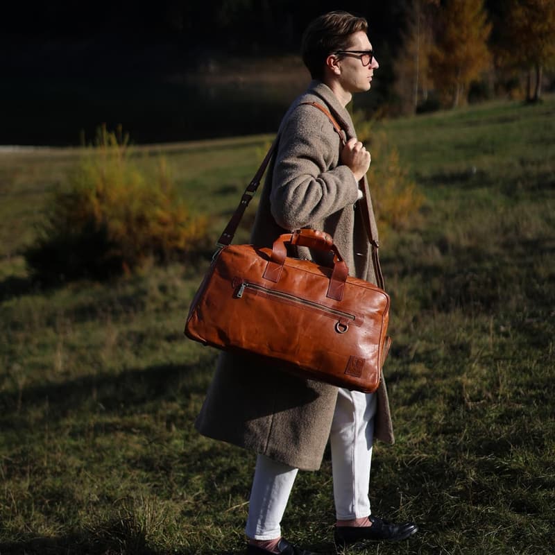 Vintage Genuine Leather Duffle Bag with Shoe Compartment - Brown