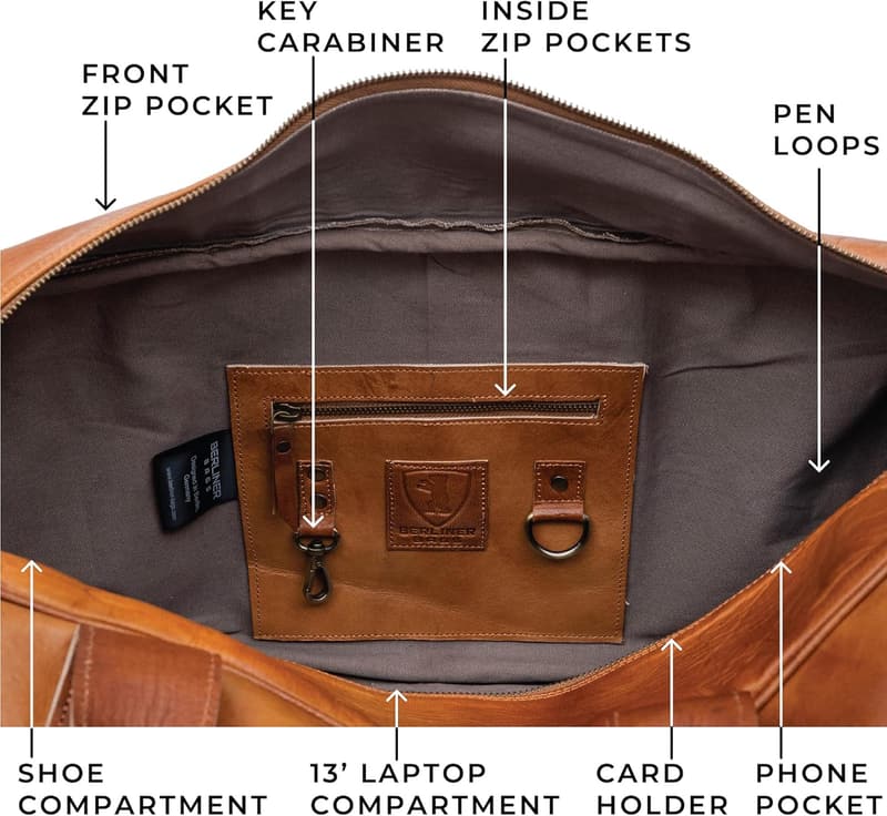 Vintage Genuine Leather Duffle Bag with Shoe Compartment - Brown