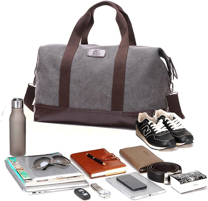 Grey Canvas Leather Travel Duffle Bag for Weekend Getaways