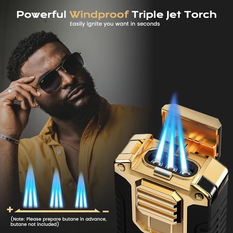 Triple Windproof Jet Flames Torch Lighter with V Cutter & Gift Box