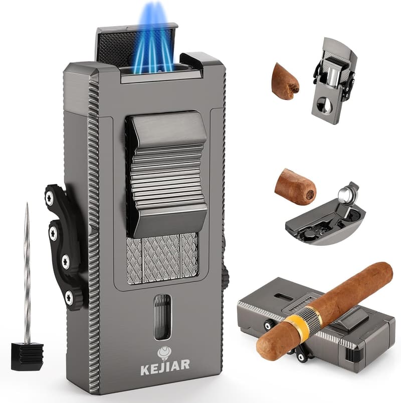 Triple Jet Flame Cigar Torch Lighter with Cutter & Holder