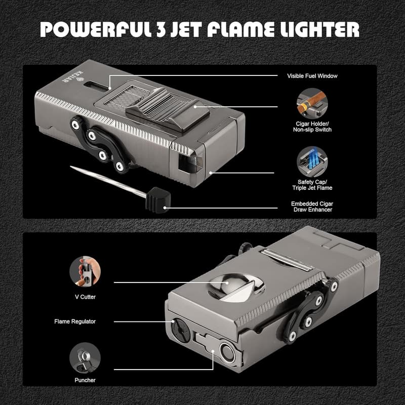 Triple Jet Flame Cigar Torch Lighter with Cutter & Holder