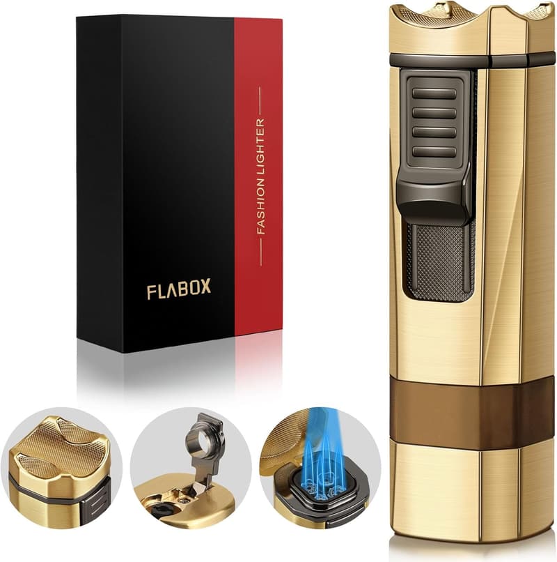 Gold Four Jet Flame Cigar Lighter with Punch & Holder – Birthday Gift for Men