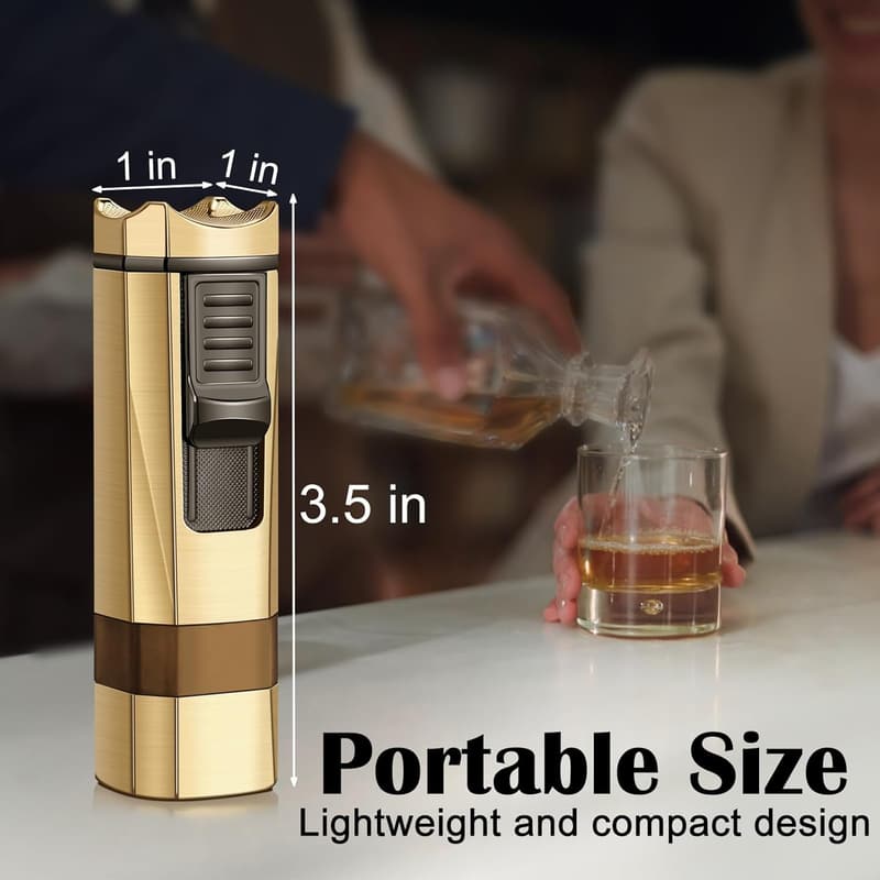 Gold Four Jet Flame Cigar Lighter with Punch & Holder – Birthday Gift for Men