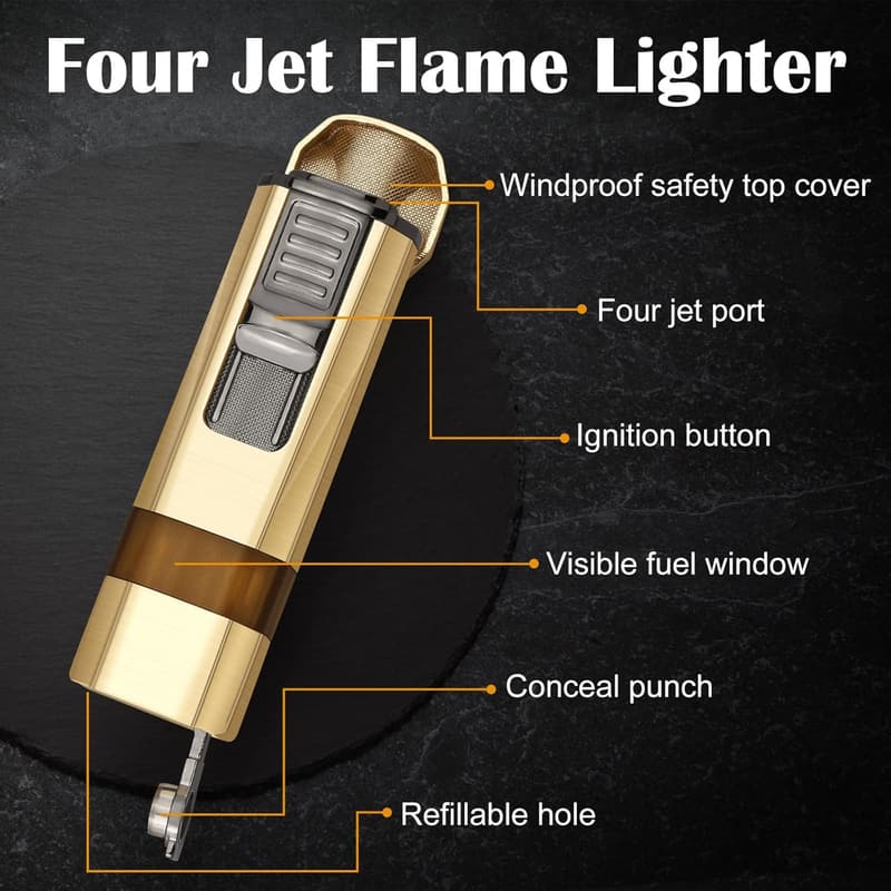 Gold Four Jet Flame Cigar Lighter with Punch & Holder – Birthday Gift for Men