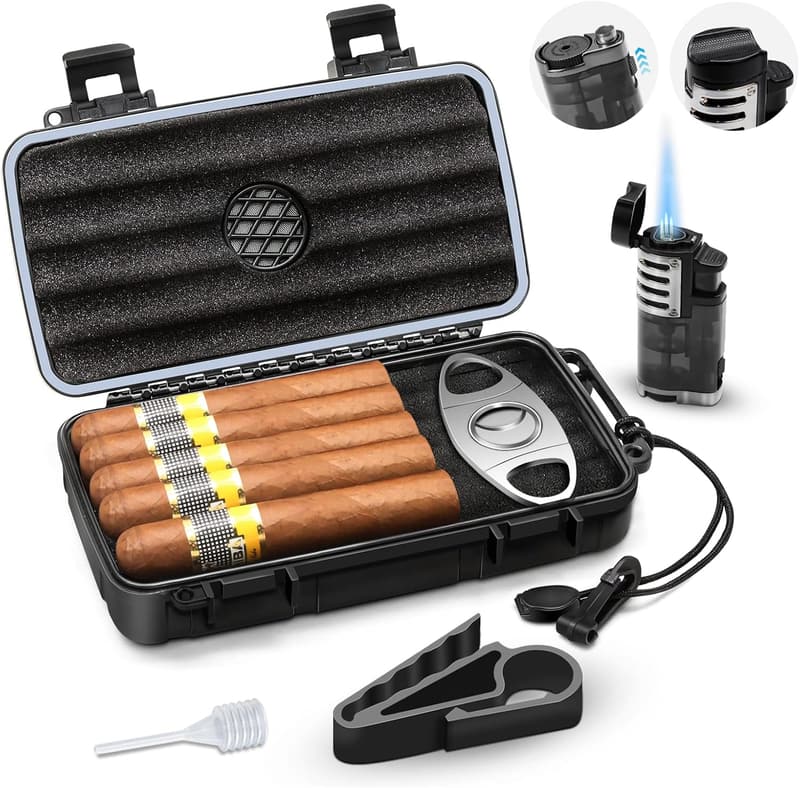 Portable Cigar Humidor Case with Lighter & Accessories