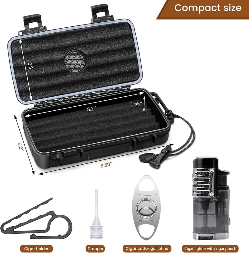 Portable Cigar Humidor Case with Lighter & Accessories