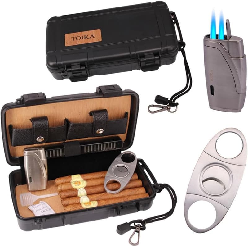 Cigar Humidor Gift Set with Cutter & Lighter - Holds 5 Cigars
