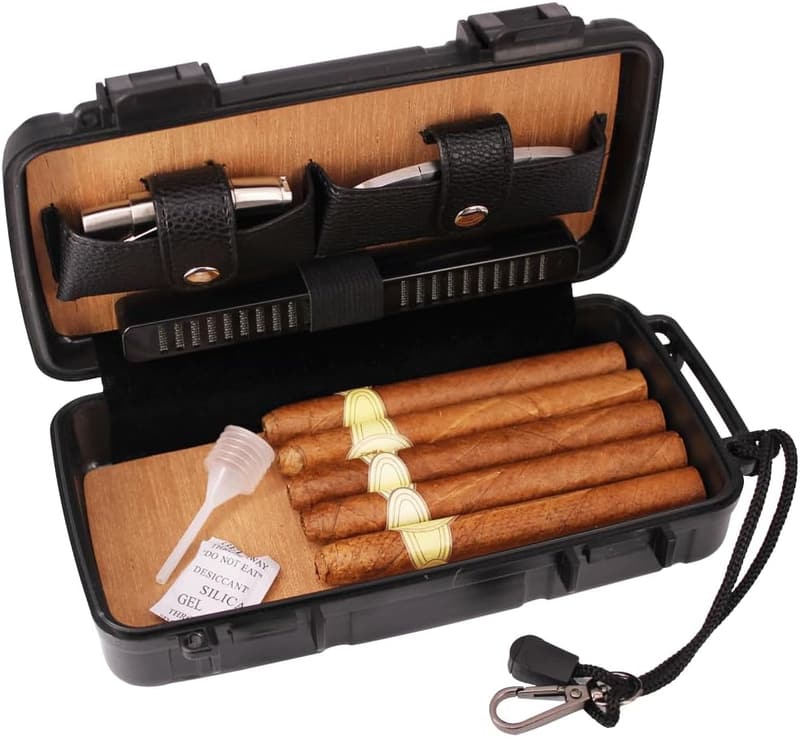 Cigar Humidor Gift Set with Cutter & Lighter - Holds 5 Cigars