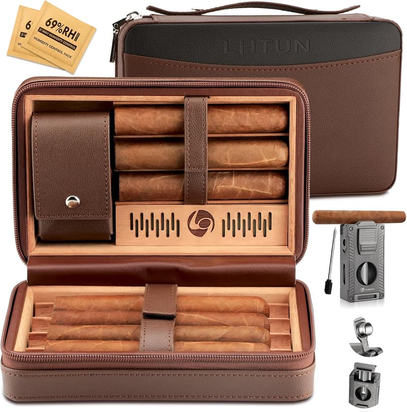 Travel Cigar Humidor Set with Leather Case & Lighter for Men