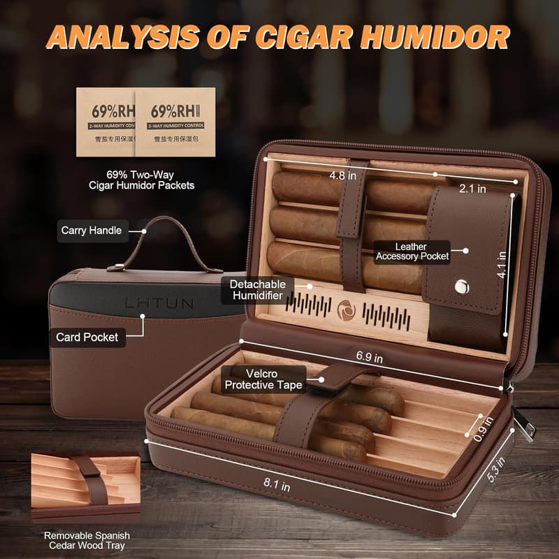 Travel Cigar Humidor Set with Leather Case & Lighter for Men
