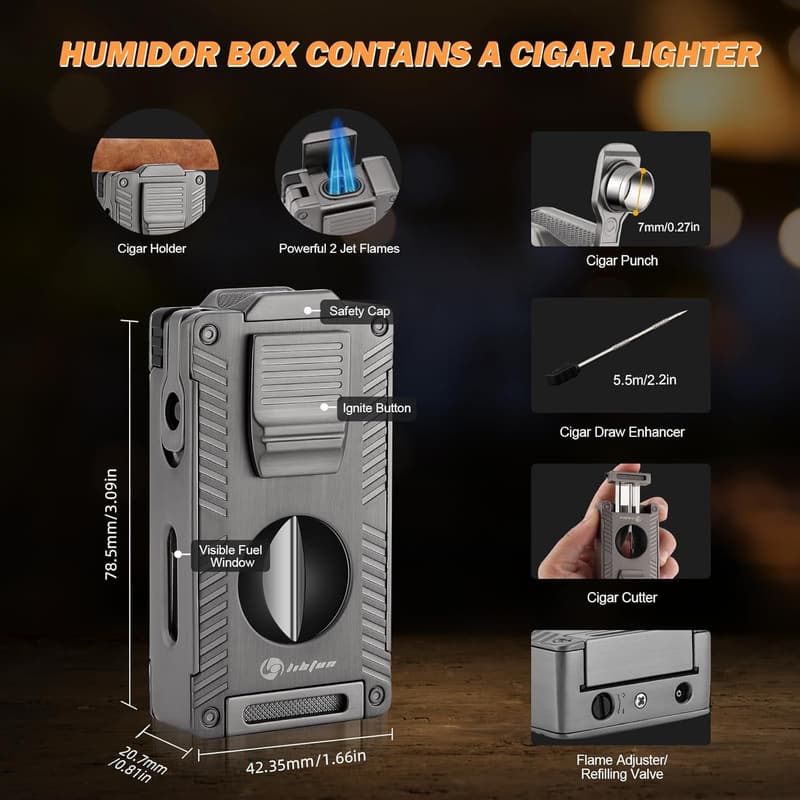 Travel Cigar Humidor Set with Leather Case & Lighter for Men