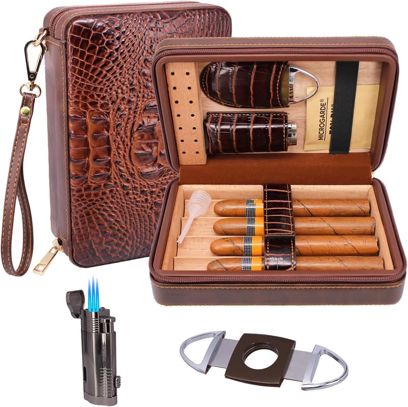 Portable Brown Leather Cigar Case Gift Set with Cutter & Lighter