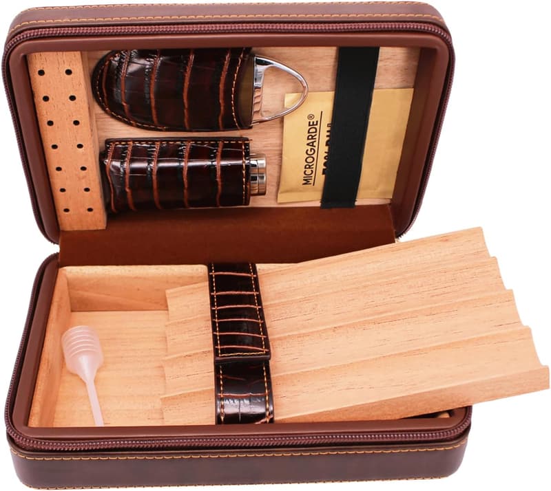 Portable Brown Leather Cigar Case Gift Set with Cutter & Lighter