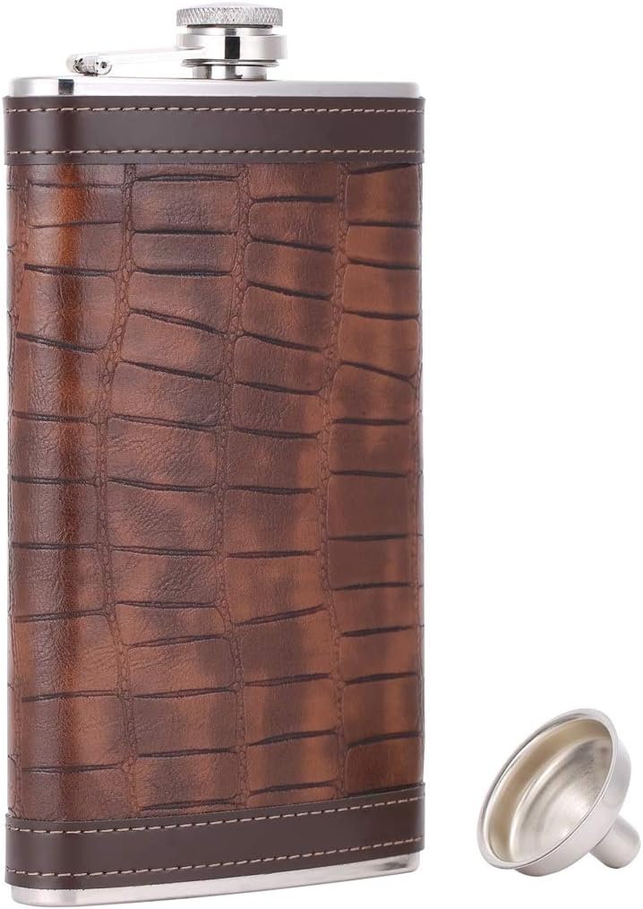 Crocodile Leather Pocket Flask Set with Funnel & Box