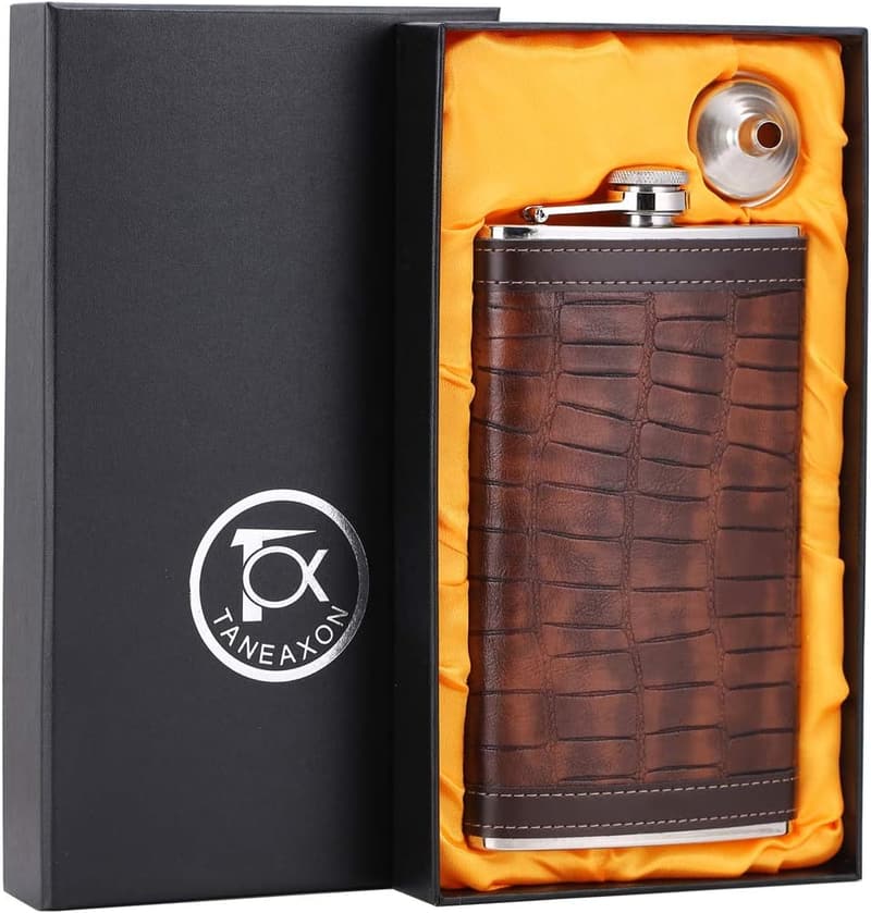 Crocodile Leather Pocket Flask Set with Funnel & Box