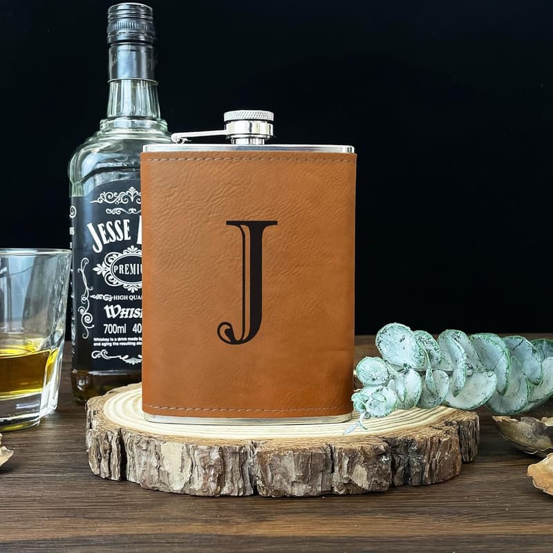 Personalized Leather Hip Flask - 8 oz Engraved for Men