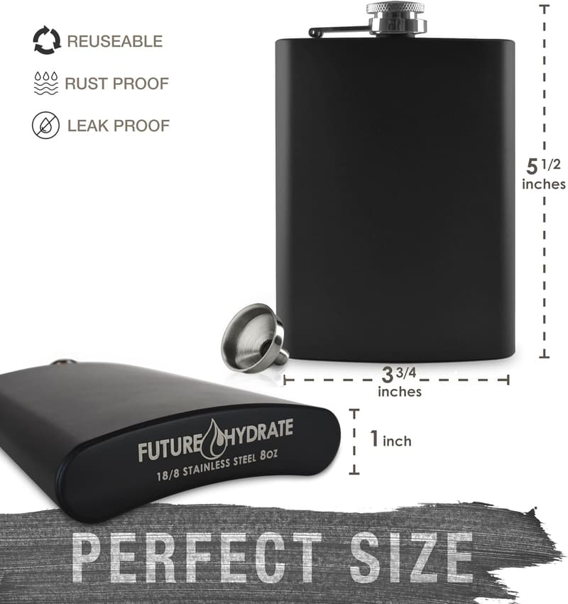 Matte Black Stainless Steel Hip Flask for Whiskey - 8 oz