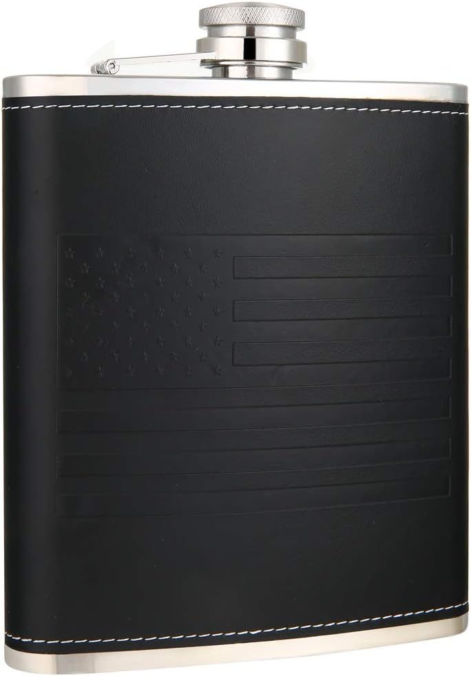 American Flag Black Stainless Steel Whiskey Flasks with Leather Wrap