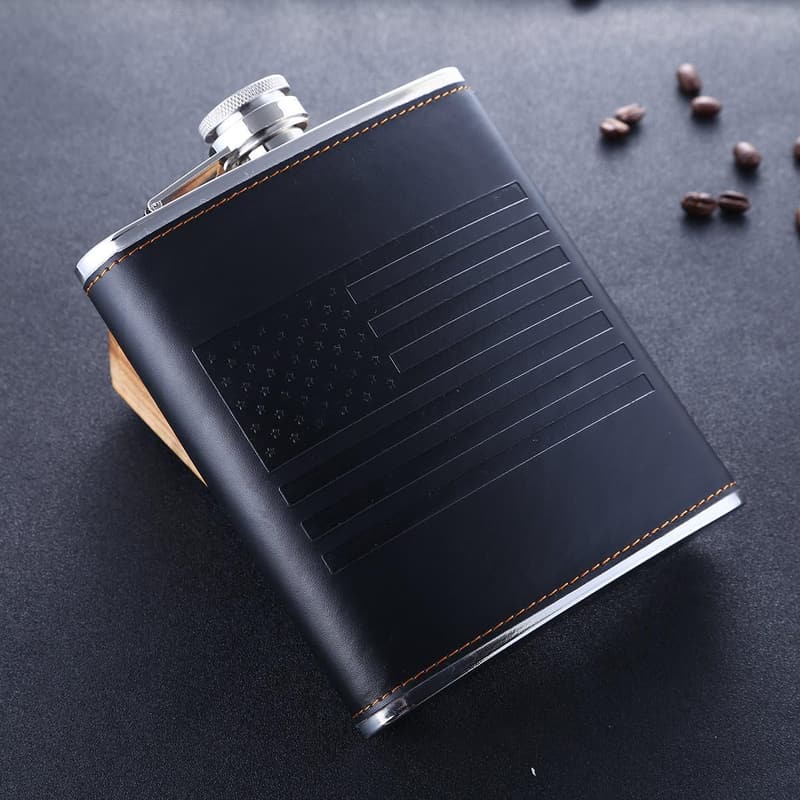 American Flag Black Stainless Steel Whiskey Flasks with Leather Wrap
