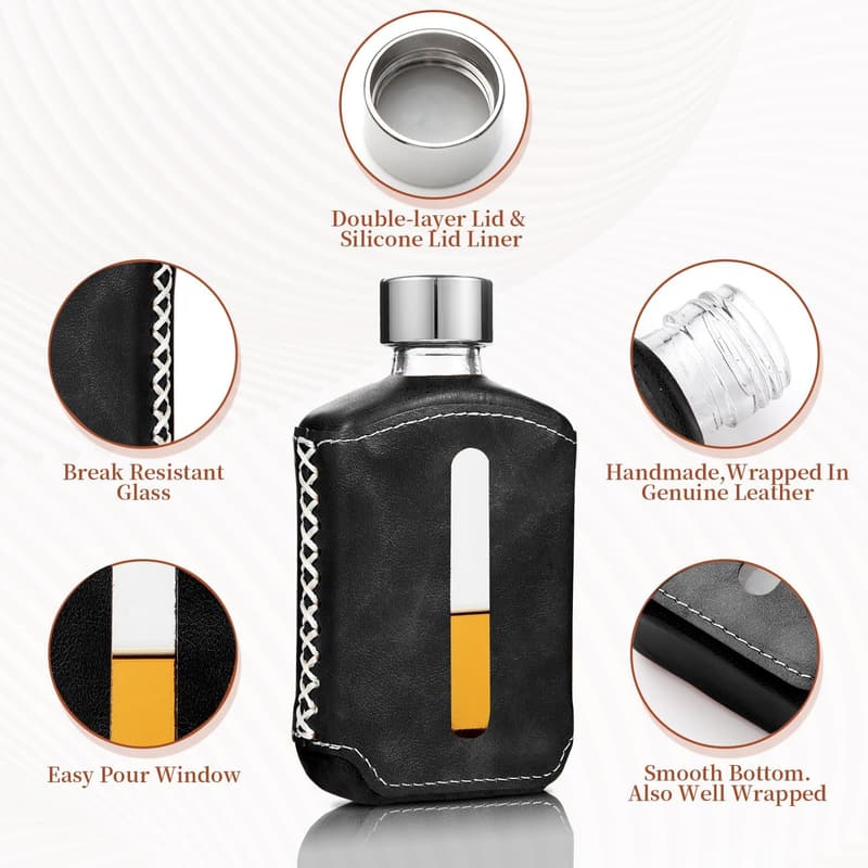 Portable Black Glass Drinking Flask with Handmade PU Leather