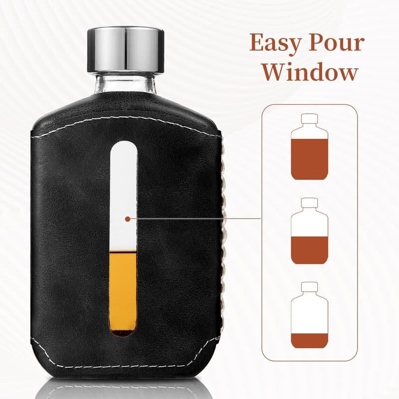 Portable Black Glass Drinking Flask with Handmade PU Leather