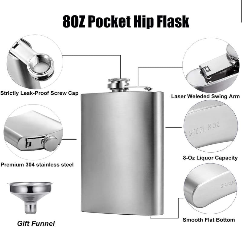 Stainless Steel 8 Oz Leak-Proof Hip Flask Set for Men & Women