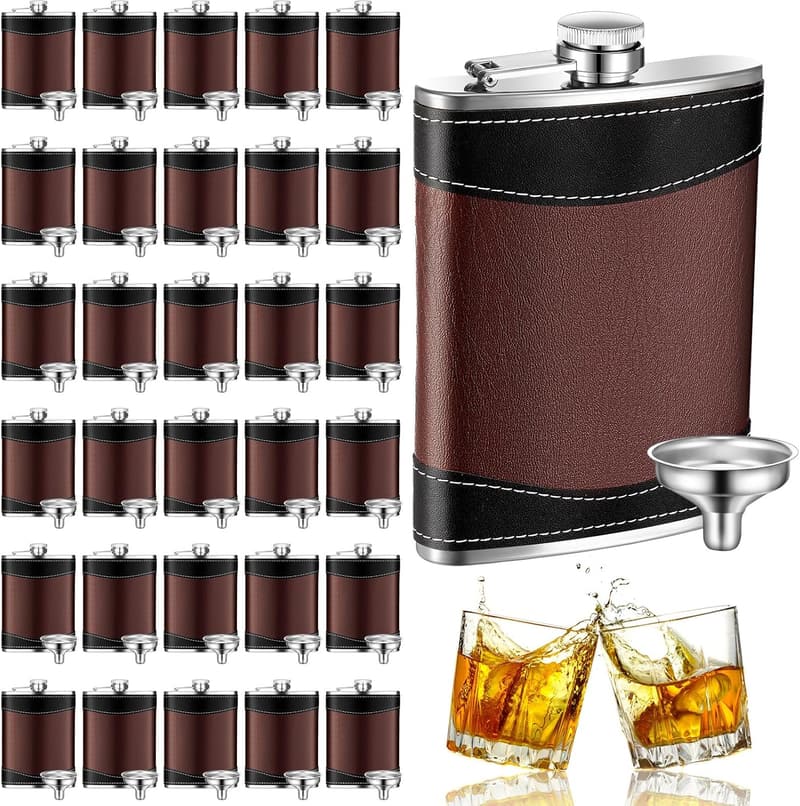 Brown Leather Hip Flasks Set - 8 oz Leak-Proof for Men