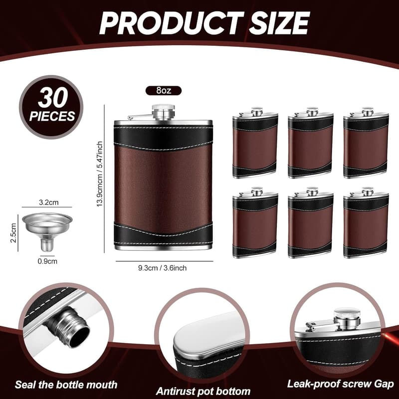 Brown Leather Hip Flasks Set - 8 oz Leak-Proof for Men