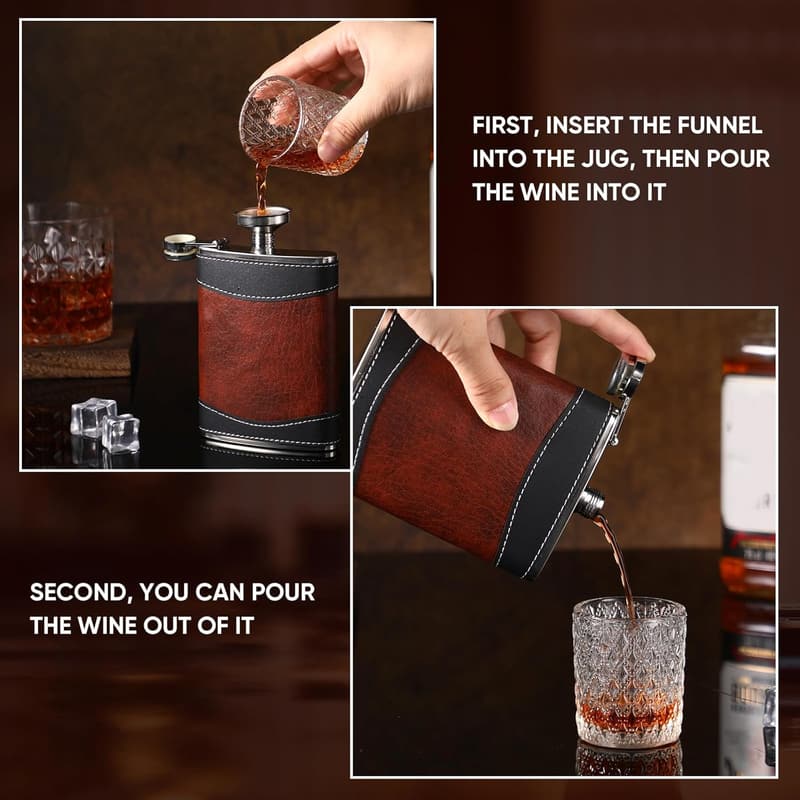 Brown Leather Hip Flasks Set - 8 oz Leak-Proof for Men