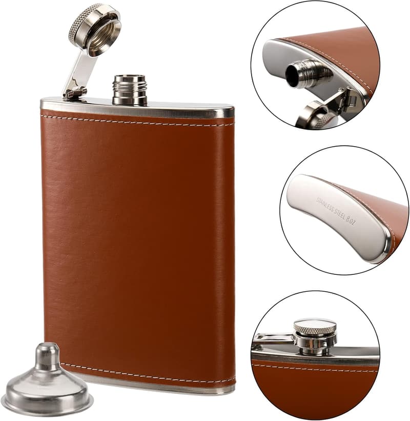 8 oz Stainless Steel Leak-Proof Hip Flask Set with Leather Cover