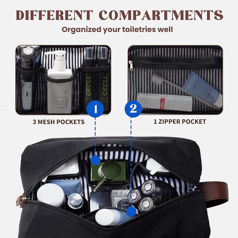 Men's Large Black Toiletry Bag - Water-Resistant Travel Dopp Kit