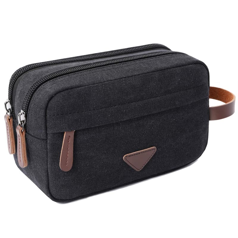 Men's Canvas Leather Travel Toiletry Bag with Double Compartments